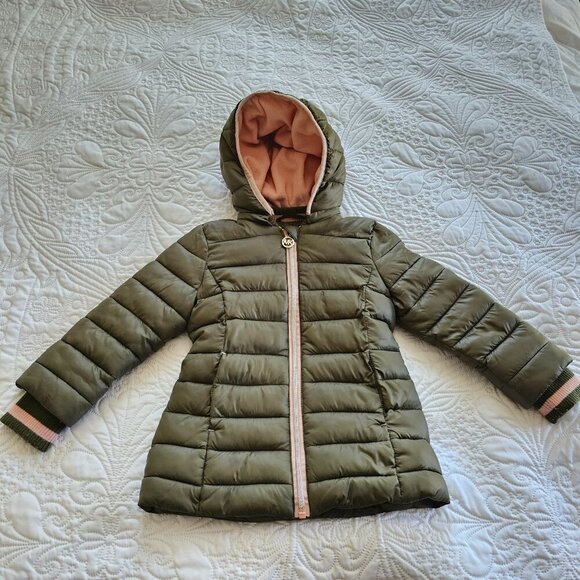 Michael Kors Girls Puffer Jacket With Removeable Hood, Olive Green and Pink,  3T - Picture 1 of 14